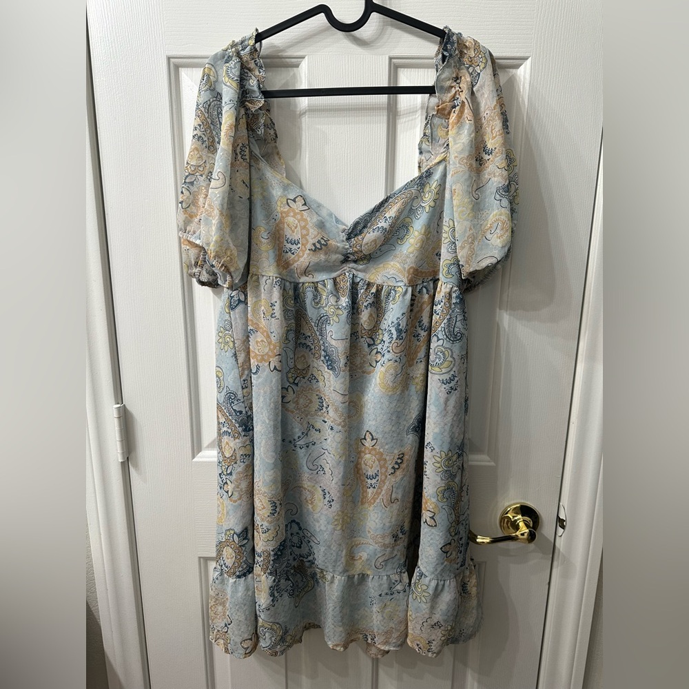 ARULA Mini Dress Blue Cream Paisley Ruffles Sheer Lined Plus Size 0X